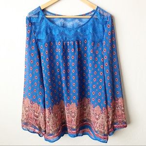 NWOT Long Sleeve Blue Bohemian Print Blouse